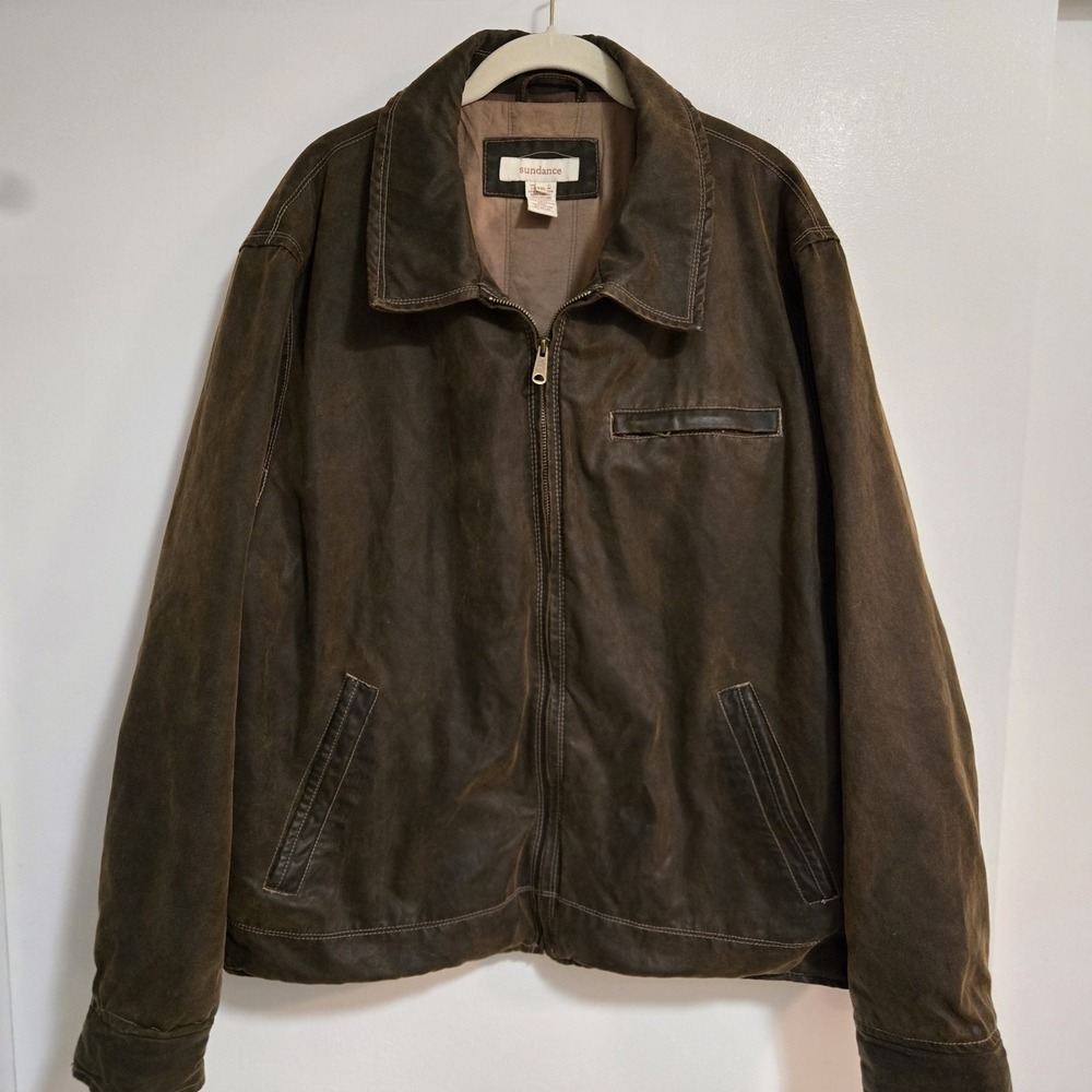 Sundance Men's Size XXL Bomber Biker Jacket Brown Faux Leather Trim Zip‎ Front